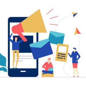 Digital marketing - flat design style colorful illustration on white background. High quality composition with male, female colleagues, business team, megaphone, smartphone, emails, paper planes