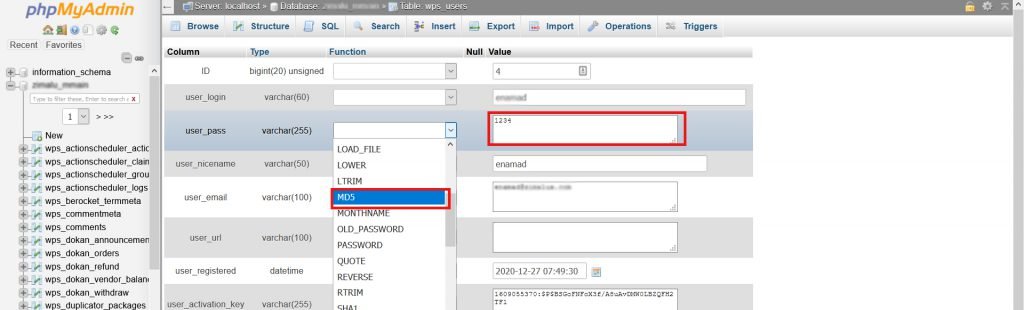 phpmyadmin change password